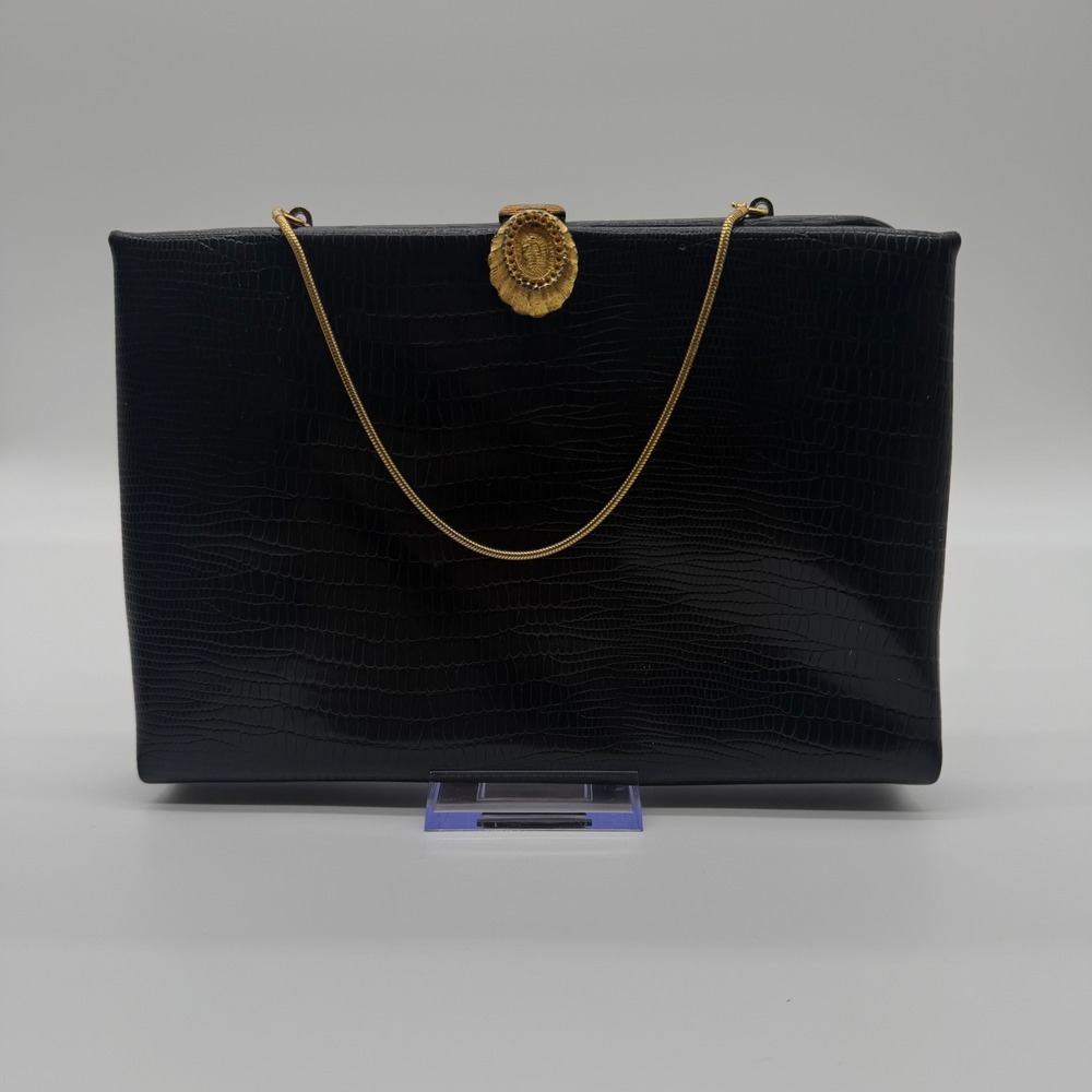Vintage Bobbie Jerome Julius Garfinckel Black Lizard Embossed Clutch Gold Chain